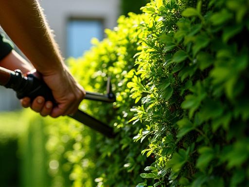 Skilled arborist artistically trimming a dense hedge into a perfect geometric shape